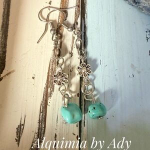 Turquoise Stone Earrings — Silver Flower Charms, Chain Dangles